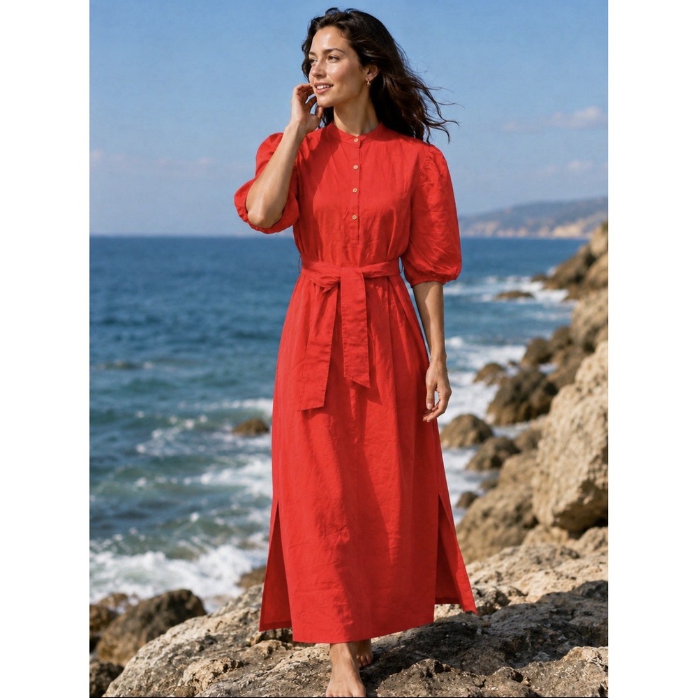 Southern Tide Poppy Red Maxi Dress XL Puff Sleeves Coastal Preppy Cottagecore